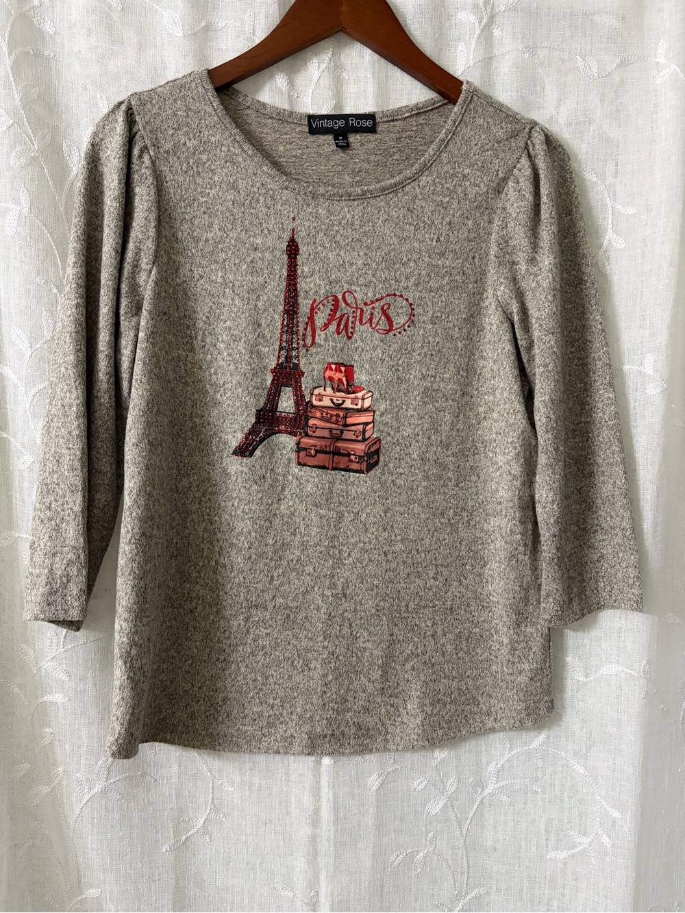 Vintage Rose Women's Beige Paris Graphic Crewneck Sweater Size Medium